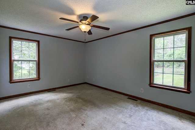 589 White Pines Cir, Camden, SC 29020 - empty room featuring ornamental molding, light colored carpet, ceiling fan, baseboards, and a textured ceiling