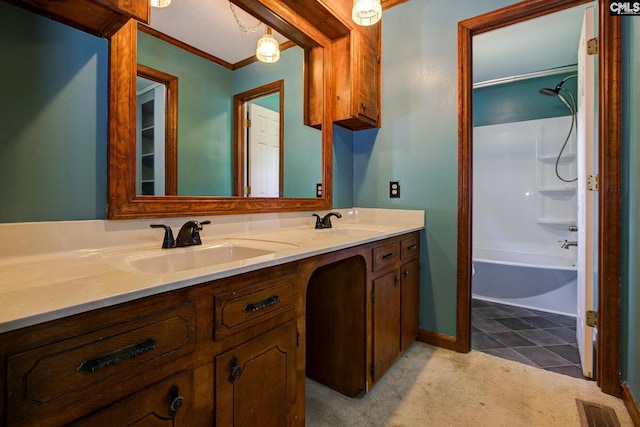 589 White Pines Cir, Camden, SC 29020 - bathroom featuring double vanity, shower / bathtub combination, baseboards, and tile patterned flooring