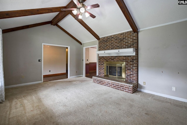 589 White Pines Cir, Camden, SC 29020 - unfurnished living room with ceiling fan, a brick fireplace, baseboards, and carpet floors