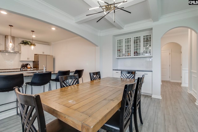 137 Brockway Dr, Columbia, SC 29229 - dining room with arched walkways, recessed lighting, beam ceiling, light wood-style flooring, and crown molding