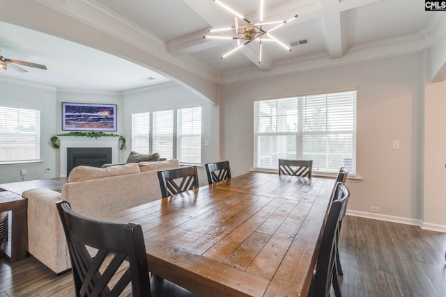 137 Brockway Dr, Columbia, SC 29229 - dining area featuring dark wood-style flooring, a chandelier, healthy amount of natural light, beamed ceiling, and crown molding