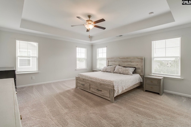 137 Brockway Dr, Columbia, SC 29229 - bedroom with a raised ceiling, crown molding, baseboards, light carpet, and ceiling fan