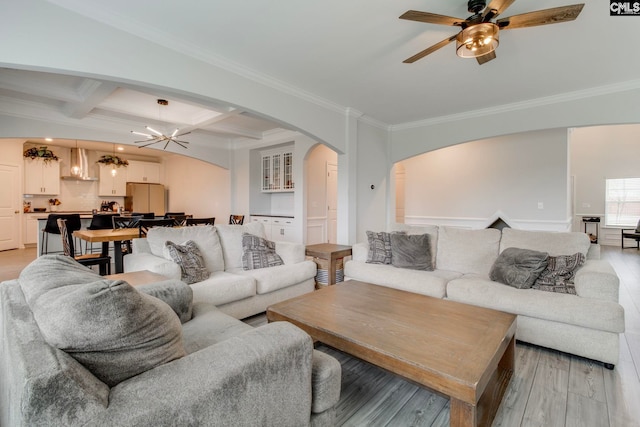 137 Brockway Dr, Columbia, SC 29229 - living area featuring arched walkways, light wood-style flooring, a ceiling fan, ornamental molding, and coffered ceiling