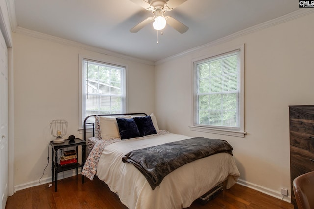 2241 Atascadero Dr, Columbia, SC 29206 - bedroom with baseboards, ornamental molding, dark wood finished floors, and ceiling fan