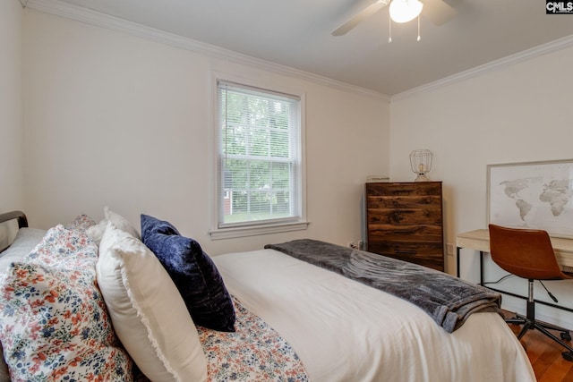 2241 Atascadero Dr, Columbia, SC 29206 - bedroom with ornamental molding, wood finished floors, and ceiling fan