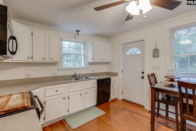 2241 Atascadero Dr, Columbia, SC 29206 - kitchen featuring black appliances, a sink, healthy amount of natural light, crown molding, and light wood-type flooring