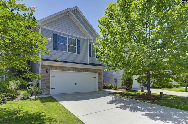 246 Harvest Glen Ln, West Columbia, SC 29169 - craftsman house with an attached garage, concrete driveway, stone siding, and a front yard