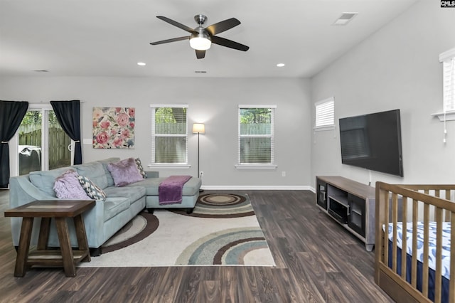 246 Harvest Glen Ln, West Columbia, SC 29169 - living room featuring wood finished floors, a ceiling fan, baseboards, and recessed lighting