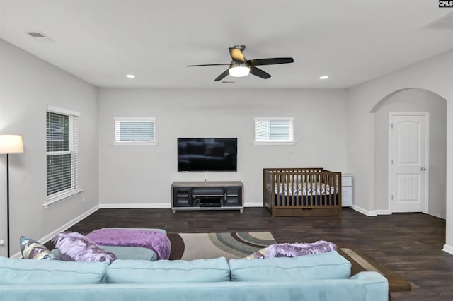 246 Harvest Glen Ln, West Columbia, SC 29169 - living area featuring wood finished floors, ceiling fan, recessed lighting, and baseboards
