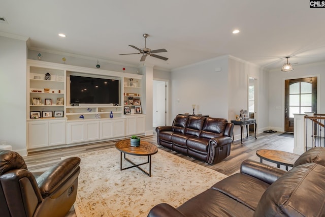 233 Pointe Overlook Dr, Chapin, SC 29036 - living area featuring light wood-style flooring, a ceiling fan, crown molding, recessed lighting, and baseboards