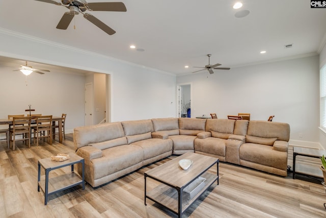 233 Pointe Overlook Dr, Chapin, SC 29036 - living area with a ceiling fan, recessed lighting, light wood-style flooring, baseboards, and crown molding