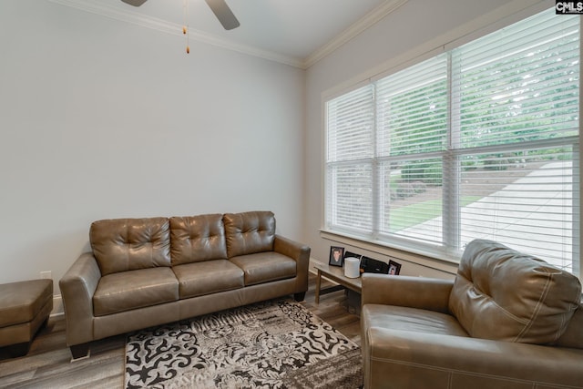 233 Pointe Overlook Dr, Chapin, SC 29036 - living area with wood finished floors, a ceiling fan, crown molding, and baseboards