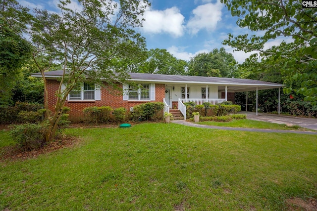 1818 Stratford Rd, Cayce, SC 29033 - view of front of house with concrete driveway, covered porch, a front yard, an attached carport, and brick siding