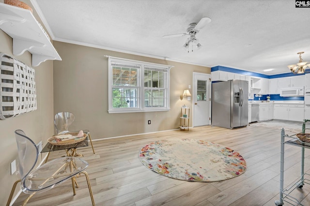 1818 Stratford Rd, Cayce, SC 29033 - sitting room featuring ceiling fan, crown molding, light wood-type flooring, a chandelier, and a textured ceiling