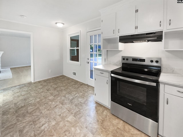 1920 Pennfield Dr, Columbia, SC 29223 - kitchen featuring stainless steel electric stove, under cabinet range hood, open shelves, and white cabinets