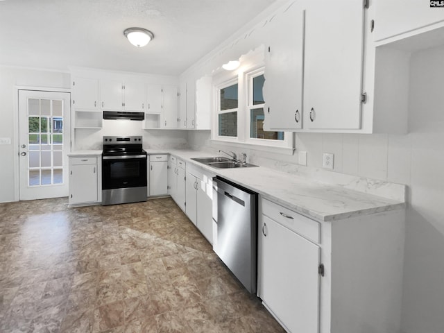 1920 Pennfield Dr, Columbia, SC 29223 - kitchen featuring stainless steel appliances, under cabinet range hood, a sink, white cabinets, and open shelves