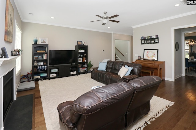 138 Long Cove Dr, Blythewood, SC 29016 - living room with ceiling fan, dark wood finished floors, a fireplace, stairs, and recessed lighting