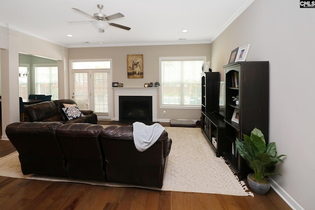 138 Long Cove Dr, Blythewood, SC 29016 - living room featuring wood finished floors, a ceiling fan, ornamental molding, baseboards, and a fireplace with flush hearth