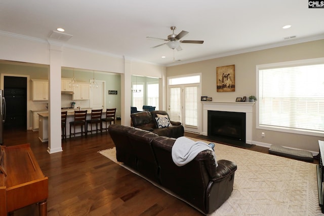 138 Long Cove Dr, Blythewood, SC 29016 - living room with a ceiling fan, dark wood finished floors, ornamental molding, a fireplace with flush hearth, and recessed lighting