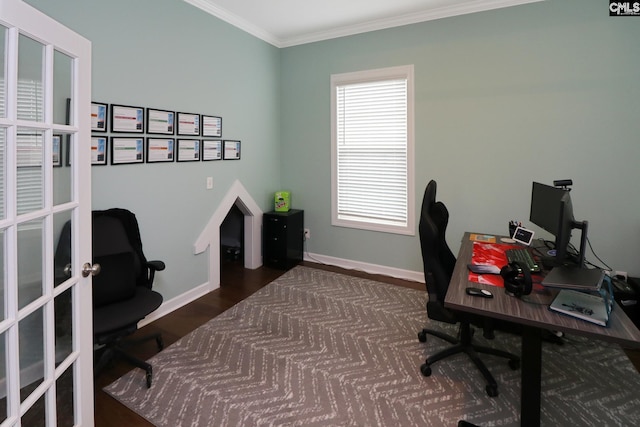 138 Long Cove Dr, Blythewood, SC 29016 - office area with ornamental molding, baseboards, and wood finished floors