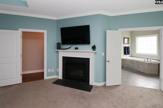 138 Long Cove Dr, Blythewood, SC 29016 - living room featuring carpet flooring, a fireplace with flush hearth, crown molding, and baseboards