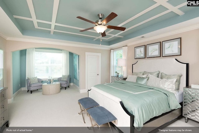2348 Hadley Xing, Chapin, SC 29036 - bedroom featuring crown molding, arched walkways, coffered ceiling, baseboards, and carpet floors