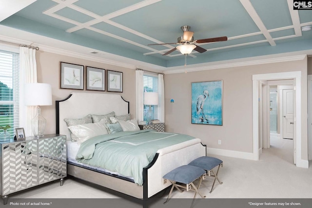 2348 Hadley Xing, Chapin, SC 29036 - carpeted bedroom with coffered ceiling, ornamental molding, baseboards, and a ceiling fan