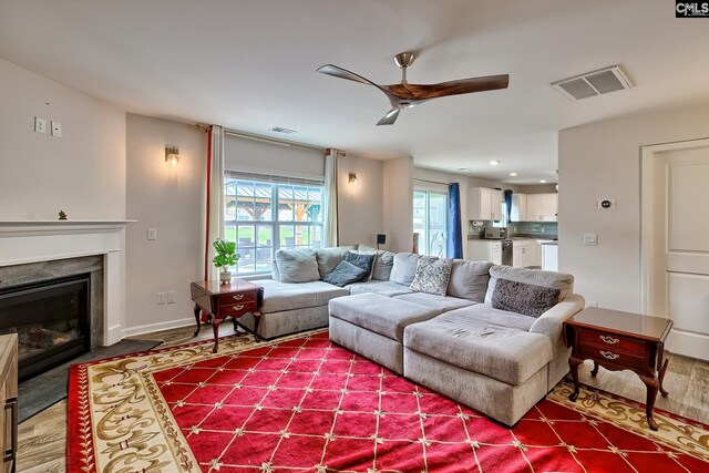 2121 Connor Way, Newberry, SC 29108 - living area with ceiling fan, wood finished floors, a fireplace, baseboards, and recessed lighting