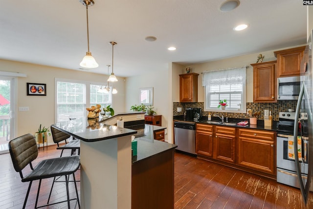 1123 Triple Crown Ct, Elgin, SC 29045 - kitchen with appliances with stainless steel finishes, a sink, dark wood-style floors, plenty of natural light, and recessed lighting