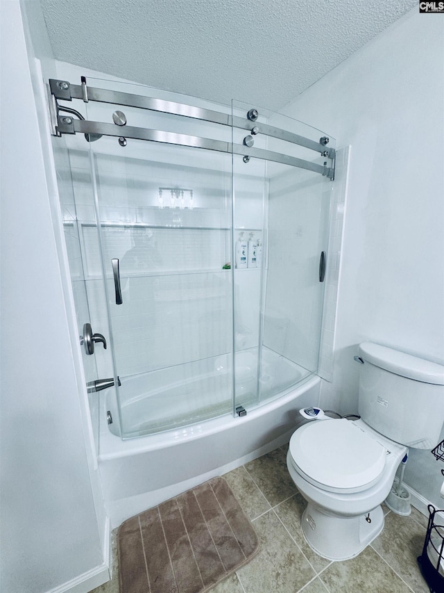 916 Sessions Rd, Elgin, SC 29045 - bathroom with enclosed tub / shower combo, toilet, a textured ceiling, and tile patterned floors