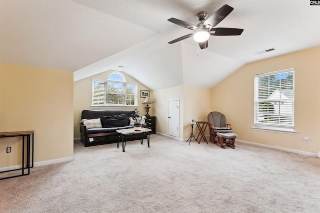 209 Walden Place Cir, Elgin, SC 29045 - sitting room featuring plenty of natural light, carpet, a ceiling fan, and lofted ceiling