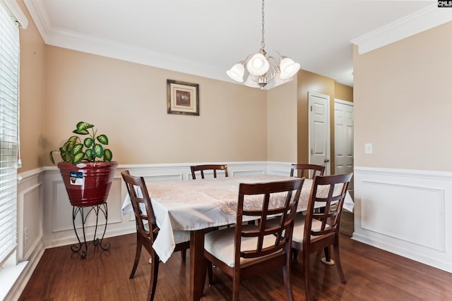 209 Walden Place Cir, Elgin, SC 29045 - dining area with a chandelier, dark wood-style flooring, wainscoting, crown molding, and a decorative wall