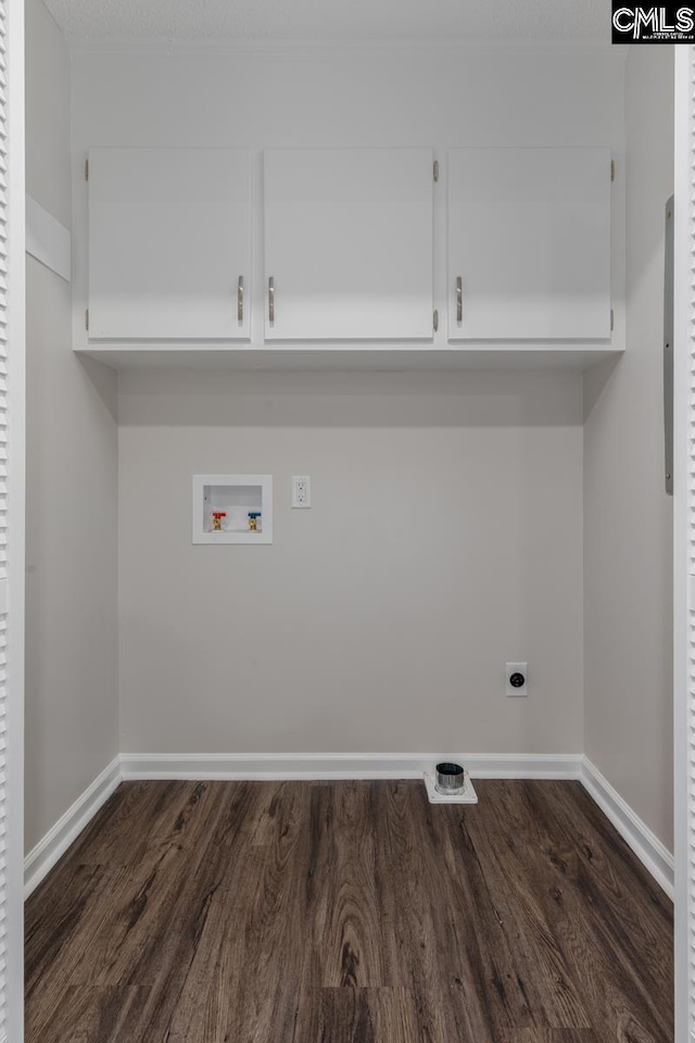 2308 Exton Shore Dr, Columbia, SC 29209 - washroom with cabinet space, electric dryer hookup, hookup for a washing machine, and dark wood-style flooring