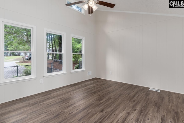 2308 Exton Shore Dr, Columbia, SC 29209 - unfurnished room with a ceiling fan, dark wood-style floors, plenty of natural light, ornamental molding, and high vaulted ceiling