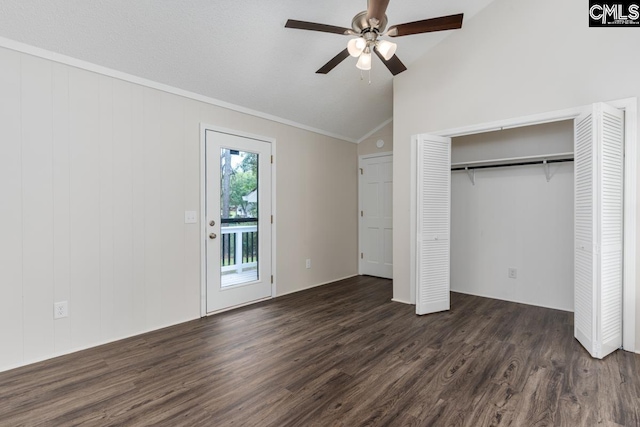 2308 Exton Shore Dr, Columbia, SC 29209 - unfurnished bedroom featuring dark wood finished floors, lofted ceiling, a ceiling fan, a closet, and ornamental molding