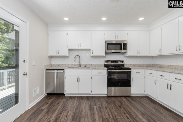 2308 Exton Shore Dr, Columbia, SC 29209 - kitchen featuring stainless steel appliances, a sink, white cabinets, tasteful backsplash, and dark wood-type flooring