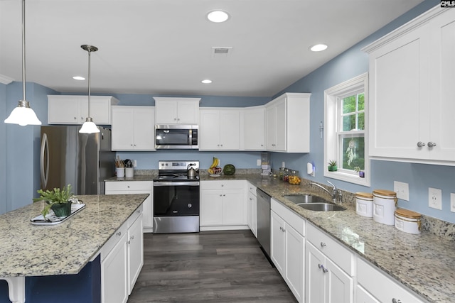 53 Findlay Cir, Elgin, SC 29045 - kitchen with stainless steel appliances, a sink, white cabinets, dark wood-type flooring, and hanging light fixtures