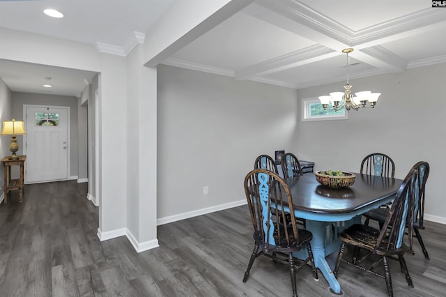 53 Findlay Cir, Elgin, SC 29045 - dining room featuring dark wood-style flooring, ornamental molding, baseboards, a chandelier, and beamed ceiling