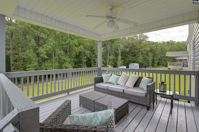 53 Findlay Cir, Elgin, SC 29045 - deck featuring ceiling fan, a lawn, an outdoor hangout area, and a forest view