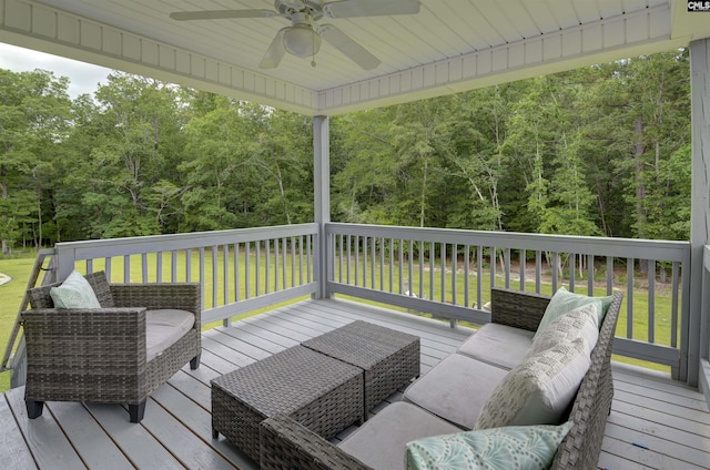 53 Findlay Cir, Elgin, SC 29045 - deck featuring ceiling fan, a wooded view, outdoor lounge area, and a lawn