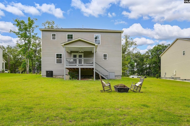 53 Findlay Cir, Elgin, SC 29045 - back of house with an outdoor fire pit, a ceiling fan, a yard, a deck, and stairs