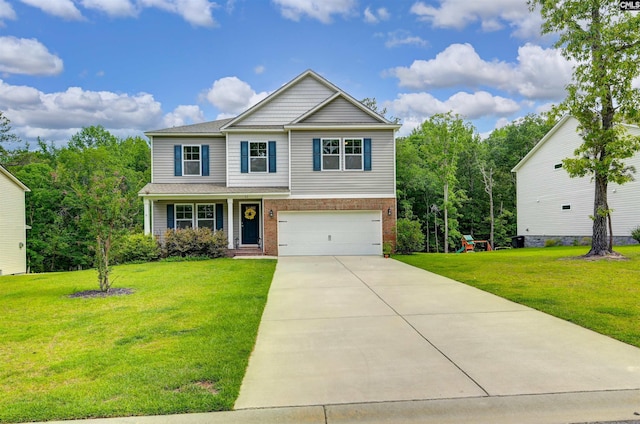 53 Findlay Cir, Elgin, SC 29045 - view of front of property featuring an attached garage, concrete driveway, brick siding, a front yard, and a porch