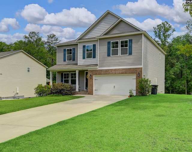 53 Findlay Cir, Elgin, SC 29045 - craftsman inspired home with a garage, driveway, a front lawn, a porch, and brick siding