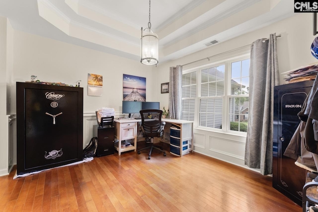 612 Williams Cir, West Columbia, SC 29172 - home office featuring ornamental molding, hardwood / wood-style flooring, and a tray ceiling