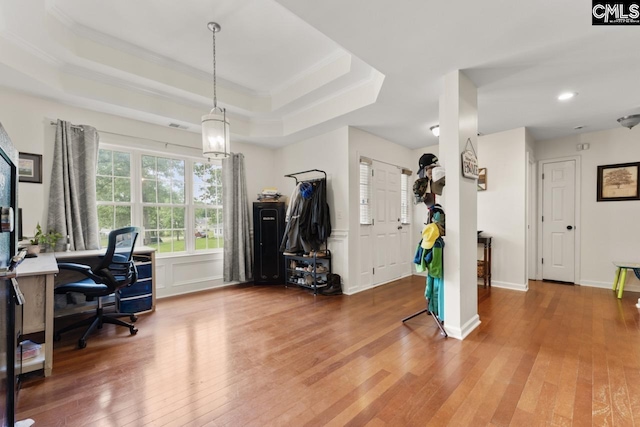 612 Williams Cir, West Columbia, SC 29172 - office featuring hardwood / wood-style floors, a raised ceiling, ornamental molding, and recessed lighting