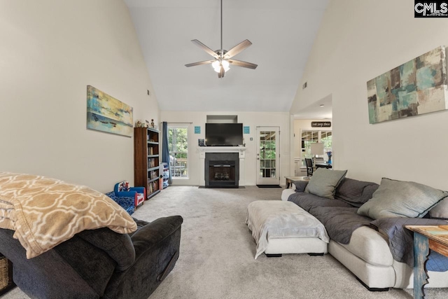 612 Williams Cir, West Columbia, SC 29172 - carpeted living room featuring high vaulted ceiling, a glass covered fireplace, and ceiling fan