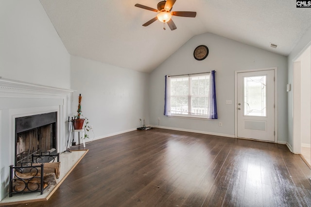 11 Parkhaven Ct, Columbia, SC 29209 - unfurnished living room with ceiling fan, lofted ceiling, dark wood-style floors, a fireplace, and baseboards
