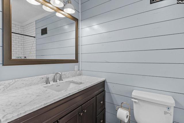 303 N Rudolph St, Saluda, SC 29138 - full bathroom featuring vanity, a shower, toilet, and wood walls