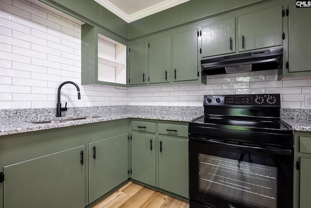 198 Stanford St, Columbia, SC 29203 - kitchen with black electric range, a sink, ornamental molding, under cabinet range hood, and decorative backsplash