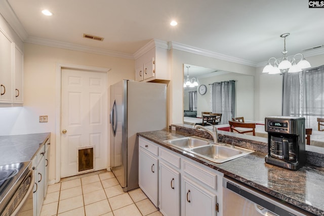251 Kyzer Rd, Lexington, SC 29073 - kitchen with a chandelier, a sink, appliances with stainless steel finishes, dark countertops, and ornamental molding